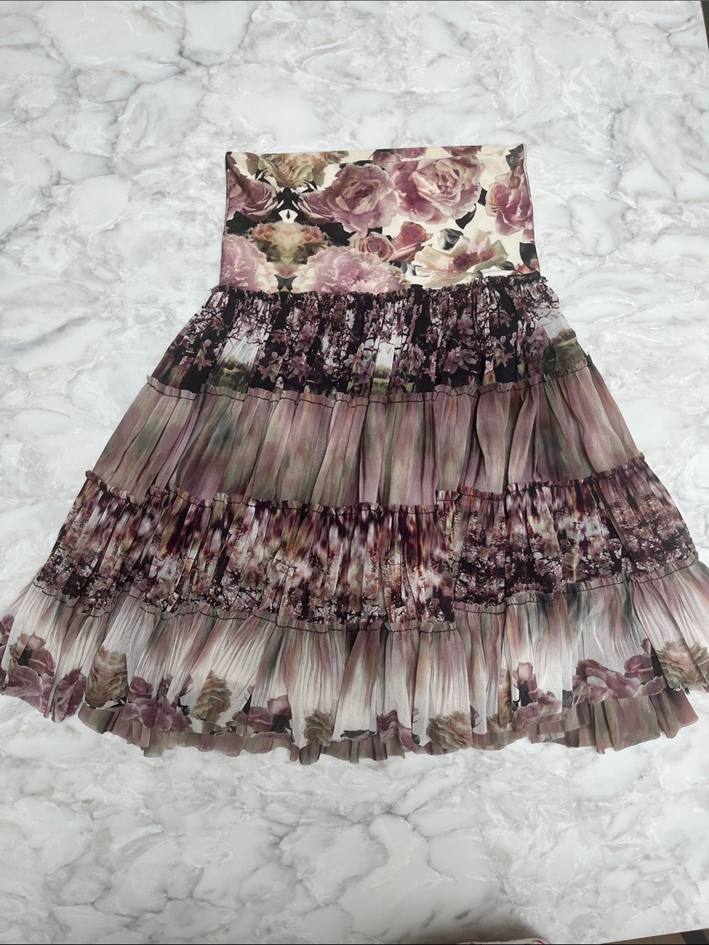 Jean Paul Gaultier Floral Tiered Midi Skirt - Dusty Rose and Olive